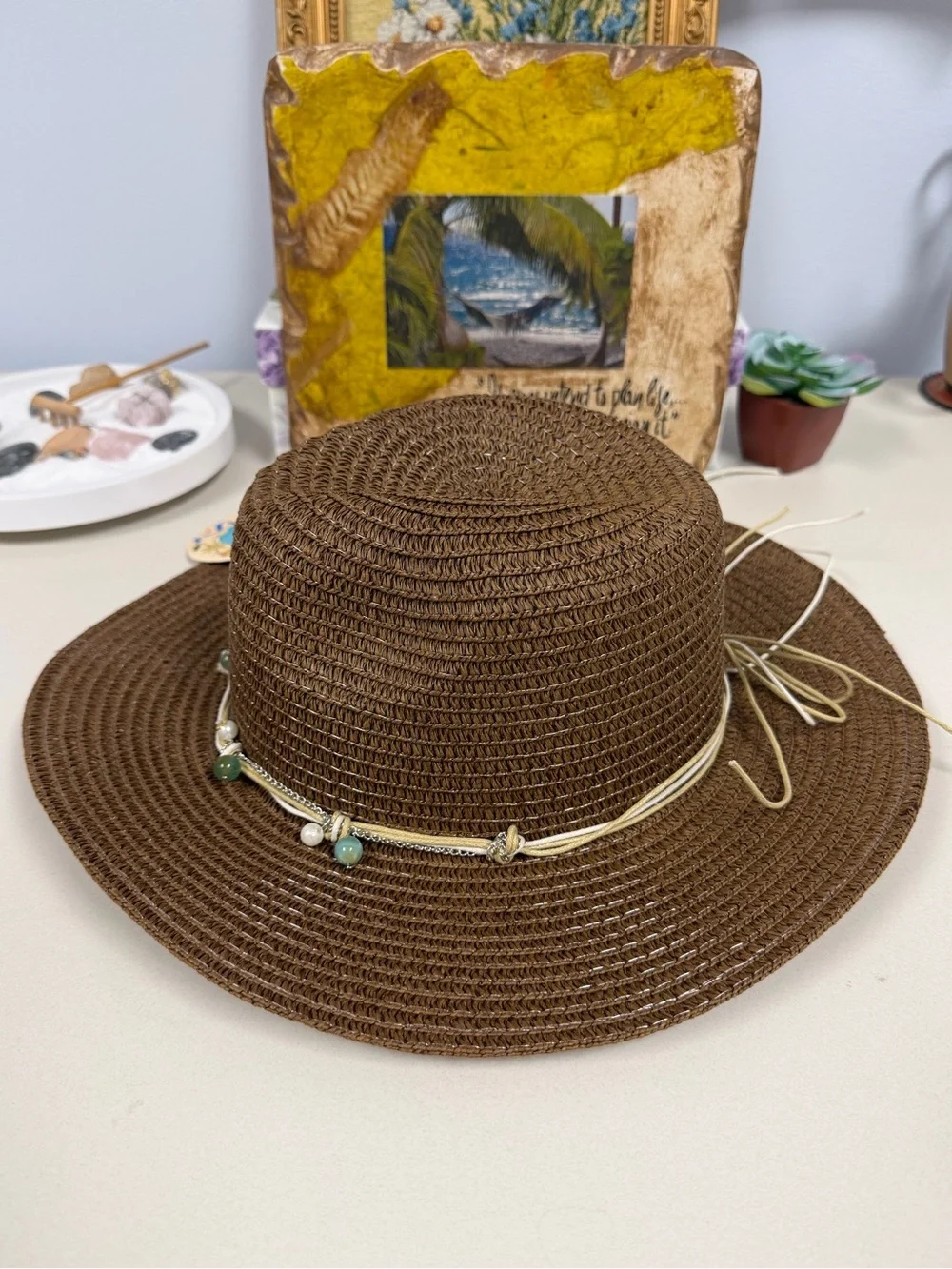 ROYAL Brown Beaded Silver Tone Chain Triple Cord Tie Coastal Boho Straw Sun Hat